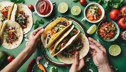 Family or friends home taco party. Flat-lay of Mexican traditional dishes Tacos with beef meat,...