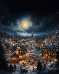 Fotobehang A winter night in a snowy village: Santa claus in his reindeer-drawn carriage. Picturesque christmas scene for greeting card © Casther