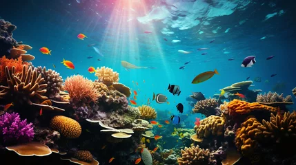 Fotobehang beautiful underwater picture of reef alive with abundant vibrant colorful fish dolphins Generative AI © Xabi