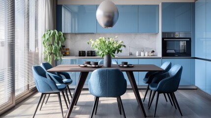 Dining room interior design in a contemporary, light-filled apartment with a blue table and chairs