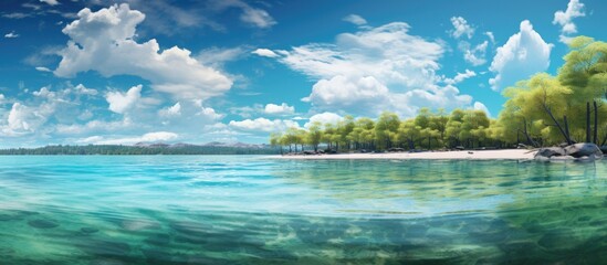 In the beauty of a summer day the sky and clouds reflect off the clear waters of the lake enhancing the natural landscape and creating an idyllic beach for travel and relaxation amidst the  - obrazy, fototapety, plakaty