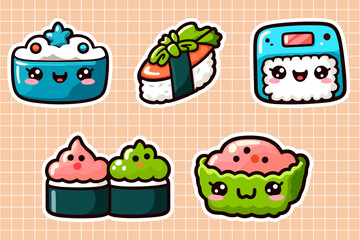 Digital Illustration of Six Adorable Sushi Stickers with Rosy Cheeks and Smiling Faces