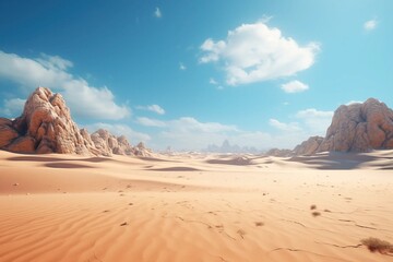 Fototapeta na wymiar A Hot Dry Desert Landscape of Golden Rippled Sand Against a Bright Blue Sky with Clouds Sun Shine Rocks Grass and Tumbleweed