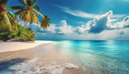 best travel landscape paradise beach tropical island background beautiful palm trees closeup sea...