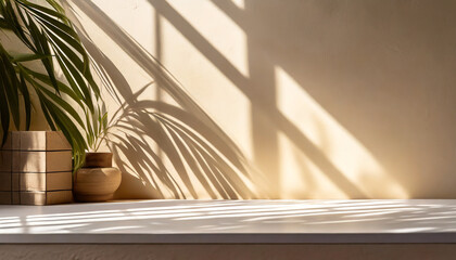 minimalistic abstract gentle light beige background for product presentation with light andand intricate shadow from the window and vegetation on wall