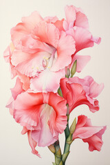 Against the backdrop of pristine white, Gladiolus flowers unfold their elegance in a watercolor painting, a dance of color and grace. - obrazy, fototapety, plakaty
