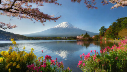 japan s picturesque landscape boasts the iconic mount fuji framed by colorful flowers and trees and...