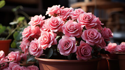 Roses in pots in a store. The festive floral arrangement creates a perfect ambiance for celebrating love and choosing the ideal gift. Valentine's day concept.