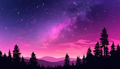 aesthetic gradient cosmic violet and pink starry sky with silhouette forest trees landscape phone...