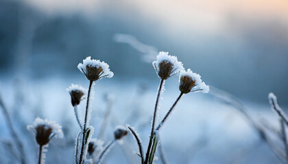 frozen icy flowers in winter frost covered wildflowers in winter field on the evening or mourning cold winter season frosty weather natural blue and white background with copy space