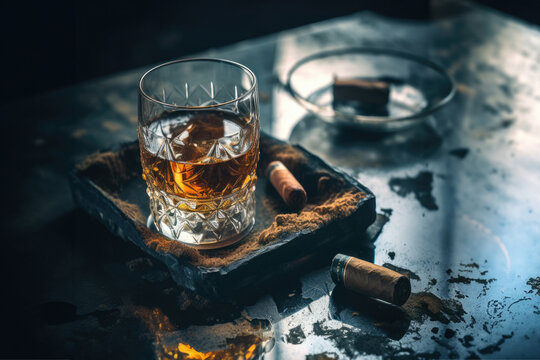 Glass of scotch whiskey.Old and tasty brendy.Whiskey glass on the old wooden table