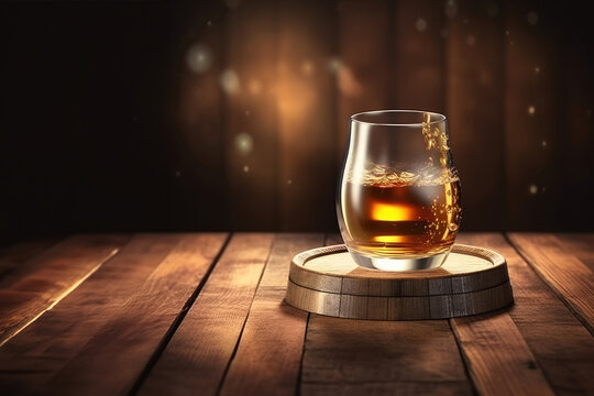 Glass of scotch whiskey.Old and tasty brendy.Whiskey glass on the old wooden table