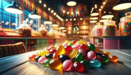 Vibrant hard candies in the foreground with a charming candy shop blurred in the background, highlighting the candies' colors and glossy texture.
