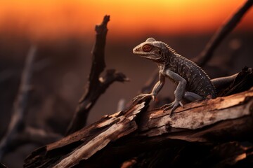 Fototapeta premium Lizard on the background of sunset close-up