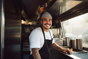 Latin American male chef preparing takeaway food in food truck kitchen