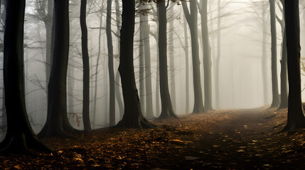 Misty Autumn Forest Path with Fallen Leaves and Bare Trees