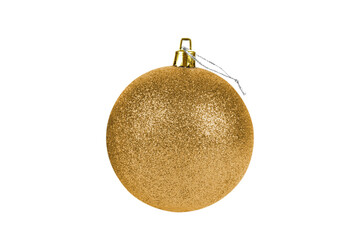 One yellow, golden glittered Christmas ball isolated on white, transparent background, PNG. Decorative toy, shiny ball covered with glitter. Decor for the Christmas tree and New Year holiday.