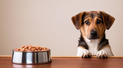 dog looking over a table  next to a bowl filled with dry food begging for feeding