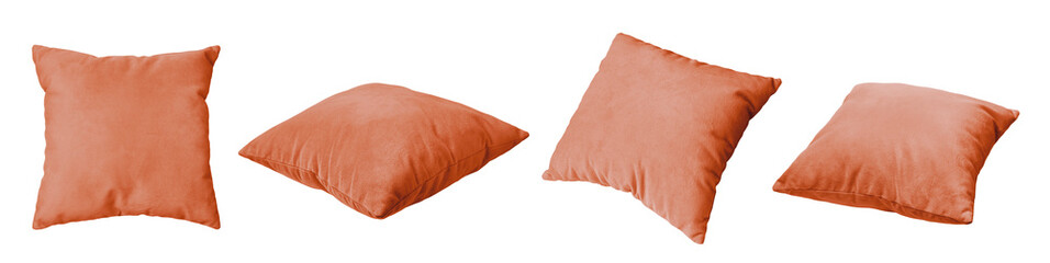 Decorative orange rectangular pillow isolated on white, transparent background, PNG. Set of...