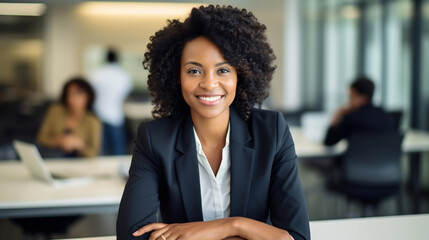 business woman sitting down and smiling in a modern office, diversity and business leadership portrait, made with generative ai