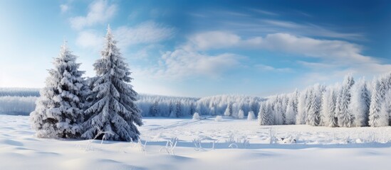 In the beautiful winter landscape covered in a thick blanket of snow a majestic Christmas tree stood tall against the serene backdrop of a lush green forest The combination of the white snow