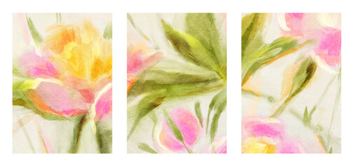 Set of backgrounds with watercolor flowers and place for text. Hand-drawn illustration.
