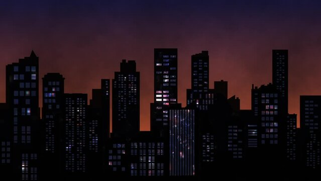 City skyline in silhouette at dusk with glowing house party lights flashing from the windows. Full HD and looping urban nightlife background animation.