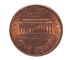 One cent, dollar coin isolated on white, clipping path