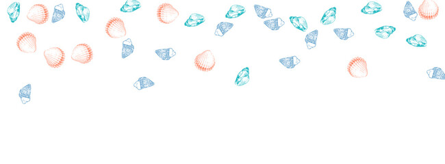 Blue Scallop Background White Vector. Shellfish Abstract Texture. Cartoon Design. Red Oyster Seamless Set.