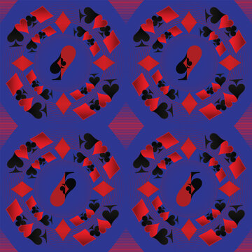 Casino pattern - black and red playing card symbols stylized on a blue background, spades, diamonds, hearts, and clubs