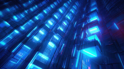 Abstract digital Architecture, glowing tall building. View of futuristic background.