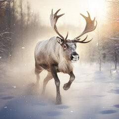 Beautiful deer on the snowy ground in the winter forest
