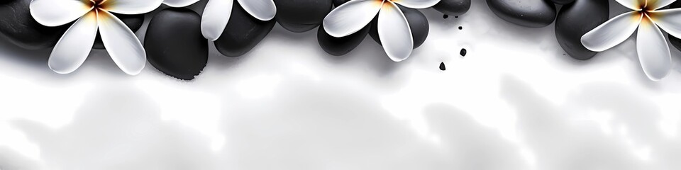 SPA smooth black stones on a white sand and beautiful flowers background. Copy space for text, banner.