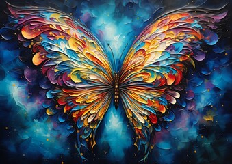 butterfly deity spring bright color peacock feathers blue wall oil