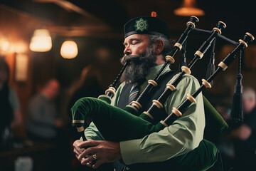A close-up of a bagpipe player at a St. Patrick's Day event, showcasing traditional music,...