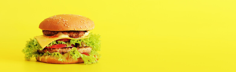 Cheeseburger on a yellow background. Juicy tasty burger on a bright background, side view. Fast food. Copy space
