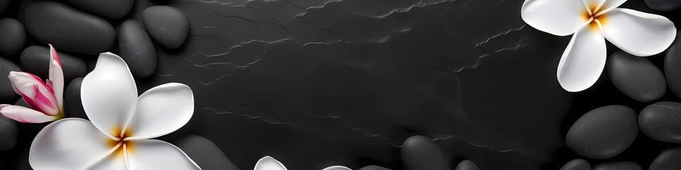 SPA smooth black stones on a black volcanic sand and beautiful flowers background. Copy space for text, banner. - obrazy, fototapety, plakaty