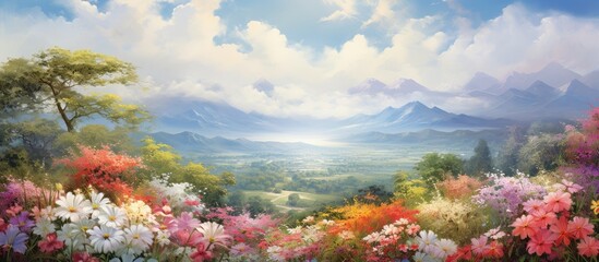 Fototapeta na wymiar In the vintage garden surrounded by mountains the background of the sky painted a beautiful canvas of white clouds blooming flowers and vibrant floral colors creating a picturesque scene of