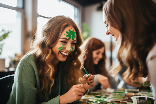 Friends painting shamrocks on their faces, capturing the playful spirit of the holiday, creativity with copy space