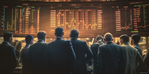 Fototapeta premium Businessmen watching the large stock exchange monitor Stock Exchange, back view. AI generative