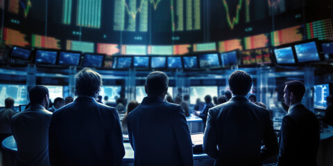 Businessmen watching the large stock exchange monitor Stock Exchange, back view. AI generative