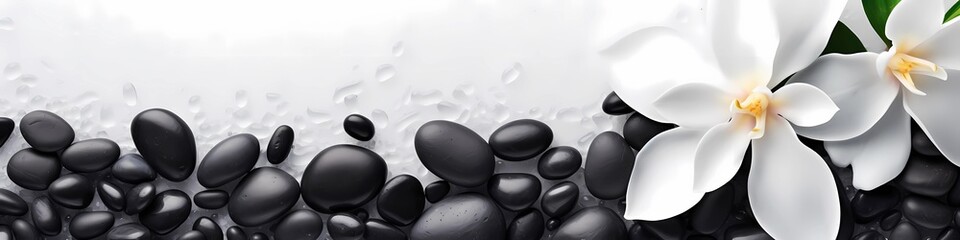 SPA smooth black stones on a white sand and beautiful flowers background. Copy space for text, banner. - obrazy, fototapety, plakaty