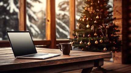 Laptop computer on wooden table with a cup of coffee and Christmas tree against the background of snowy landscape outside the window