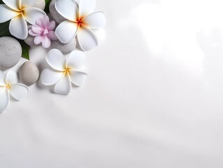 SPA smooth black stones on a white sand and beautiful flowers background. Copy space for text, banner.