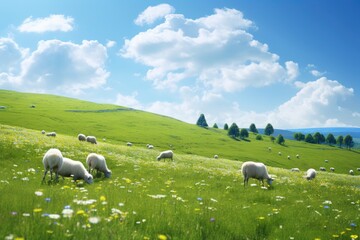 Obraz premium Meadow with sheep and flowering grass