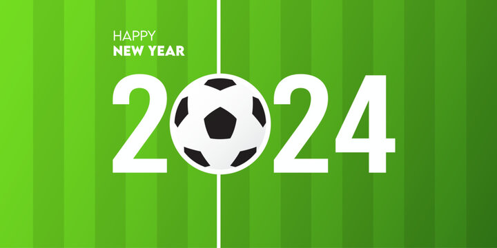 Creative 2024 happy new year celebration greeting card and social media post or banner design template in football or soccer concept. 