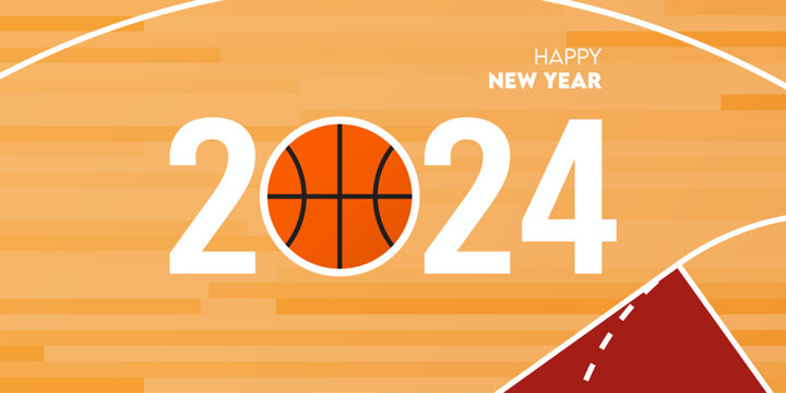 Creative 2024 happy new year celebration greeting card and social media post or banner design template in basketball or sport concept. 