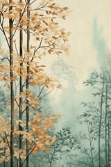 Enchanting Forest Plant Illustration in Pastel Aqua Green and Watercolor Beige – A Captivating Image Ideal for Postcards and Art Prints