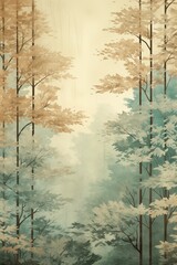 Fototapeta na wymiar Enchanting Forest Plant Illustration in Pastel Aqua Green and Watercolor Beige – A Captivating Image Ideal for Postcards and Art Prints