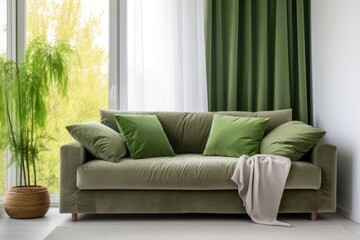 Fototapeta premium Beige sofa with green cushions in the contemporary living room interior near the window